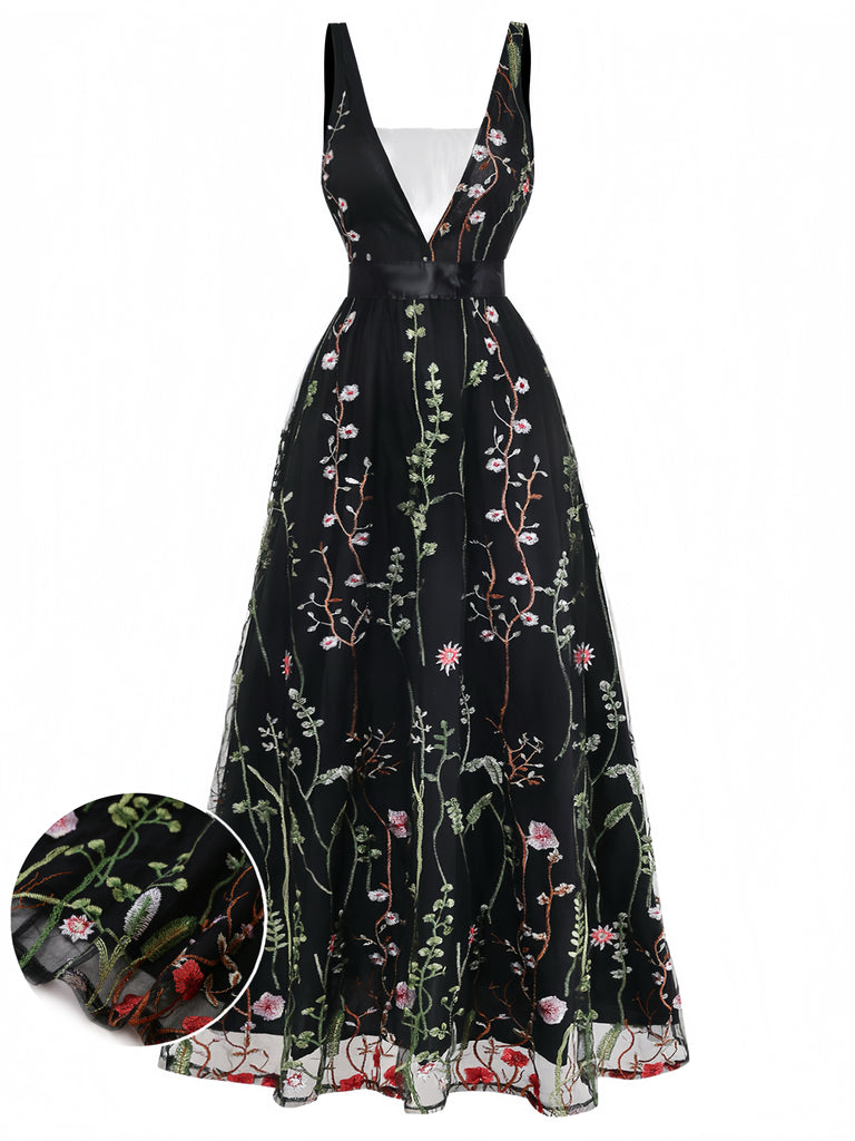 Black 1930s V Neck Vintage Dress