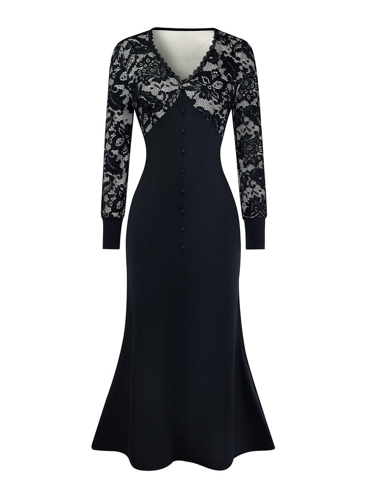 Black 1930s V-Neck Floral Lace Fishtail Dress - vintage dress, retro fashion, classic black