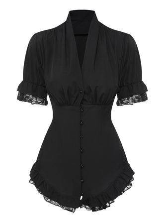 Black 1930s V-Neck Lace Victorian Blouse, vintage top, retro blouse - perfect for women who love vintage and retro fashion