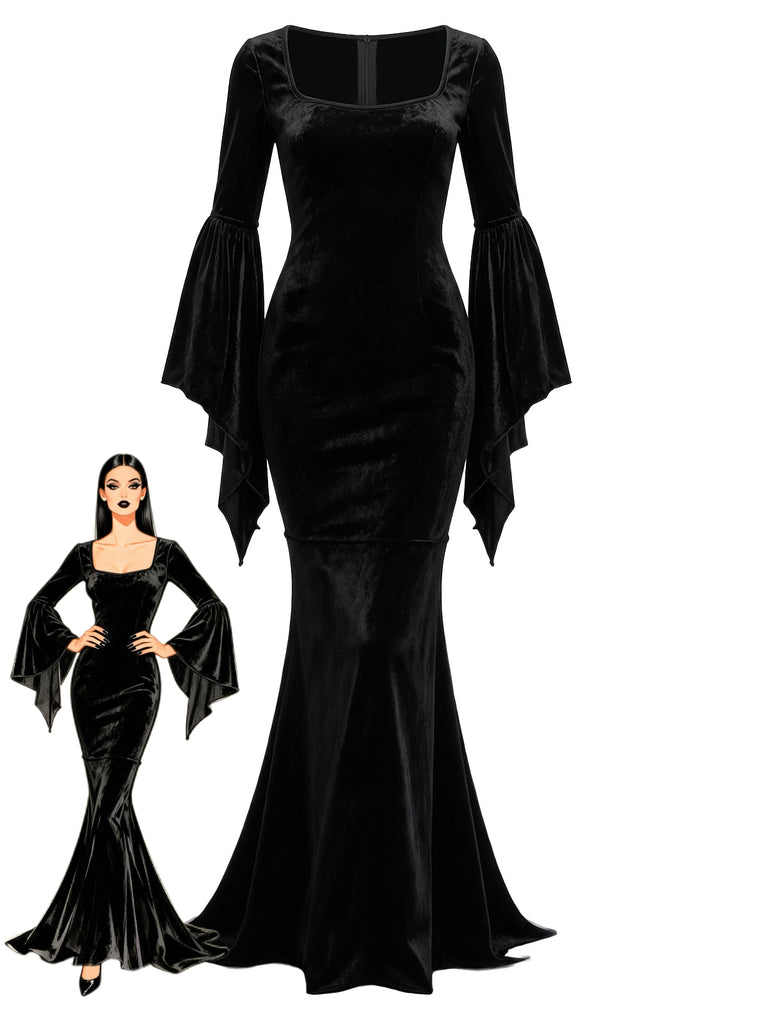 Black 1930s Wednesday Morticia-Inspired Velvet Bell Sleeves Mermaid Dr