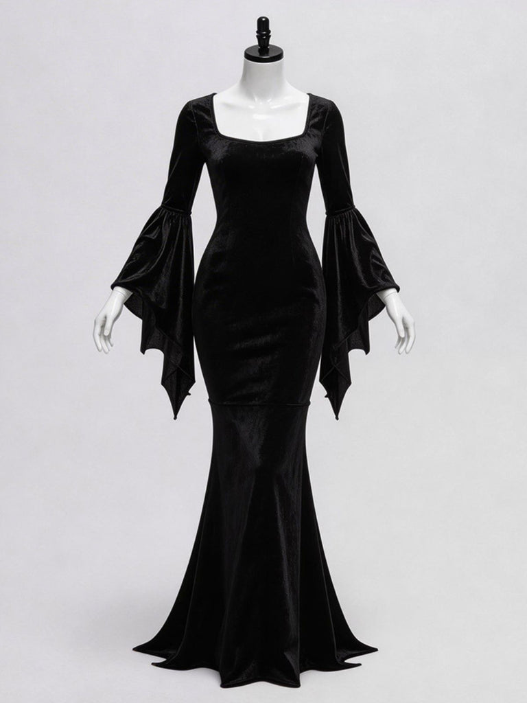Wednesday Morticia-Inspired Bell Sleeves Velvet Mermaid Dress Halloween Cosplay Black
