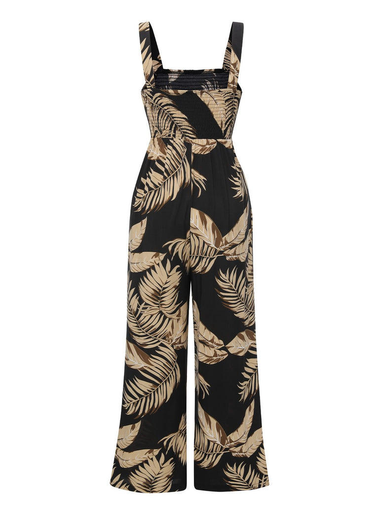 Black 1930s Wide-Straps Plants Jumpsuit, vintage romper, retro jumpsuit - perfect for women who love vintage and retro fashion