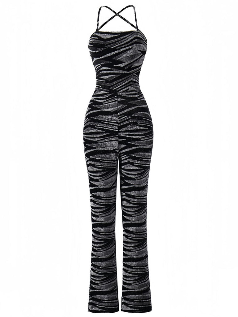 Black 1930s Zebra Print Halter Backless Jumpsuit - vintage jumpsuit, retro fashion, classic black