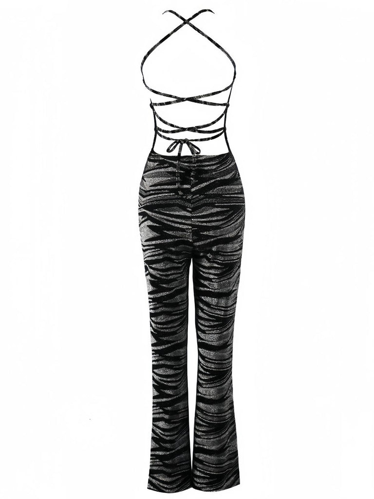 Black 1930s Zebra Print Halter Backless Jumpsuit - vintage jumpsuit, retro fashion, classic black