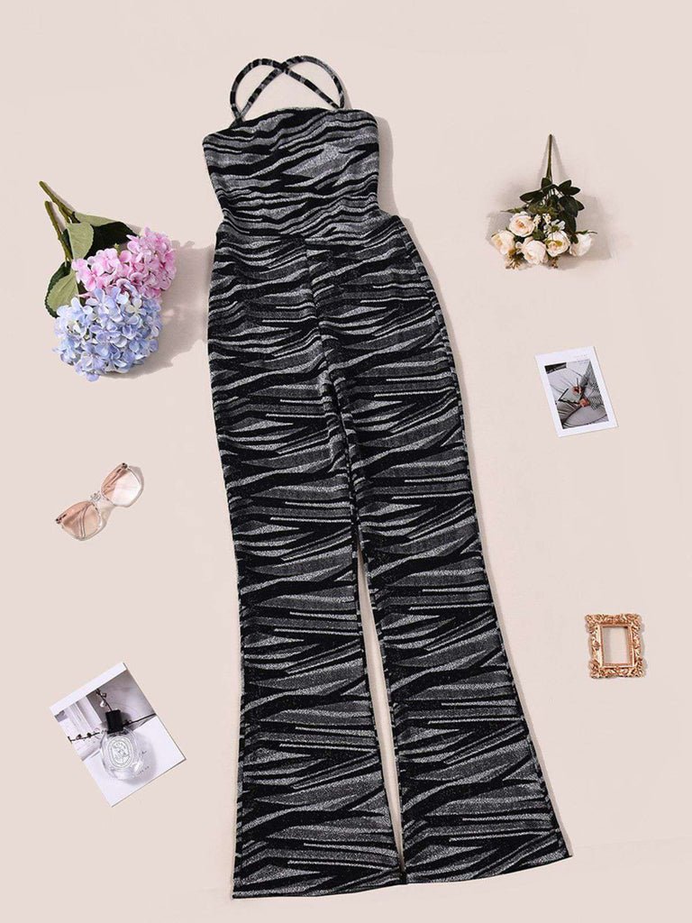 Black 1930s Zebra Print Halter Backless Jumpsuit - vintage jumpsuit, retro fashion, classic black