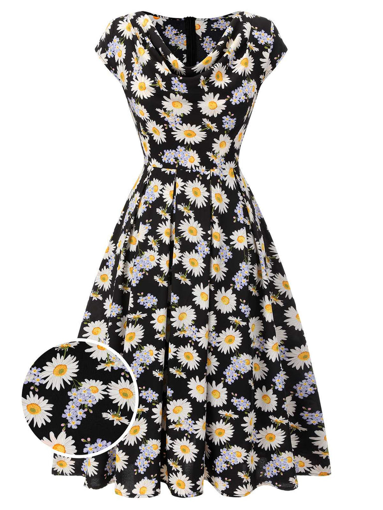 Retro Stage Daisy Cap Sleeve Midi Dress Black Retro Stage Daisy Cap Sleeve Midi Dress Black
