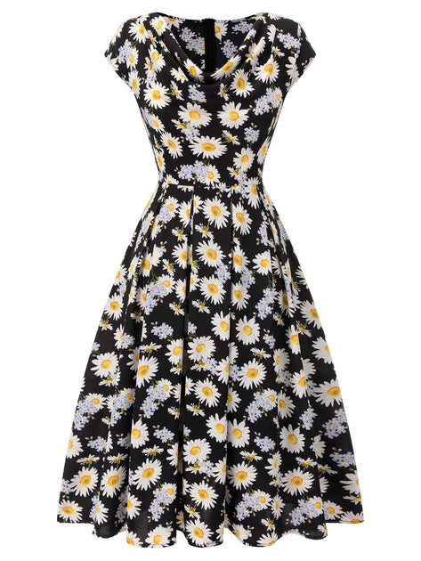 black dress with white daisies Retro Stage Daisy Cap Sleeve Midi Model:Gemma Size:XS (34) Handmade Black Color Genuine and 2 front slits
