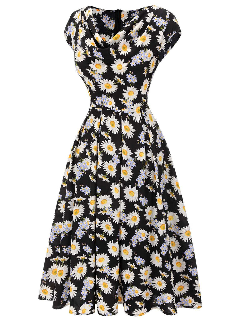 Retro Stage Daisy Cap Sleeve Midi Dress Black