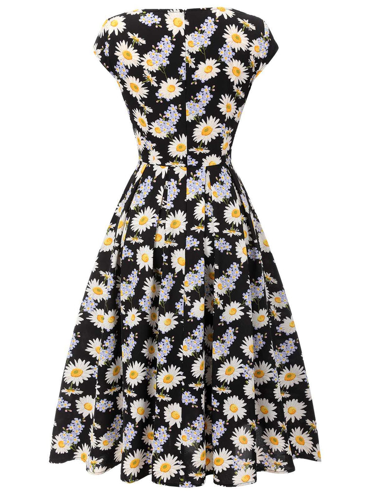 Retro Stage Daisy Cap Sleeve Midi Dress Black