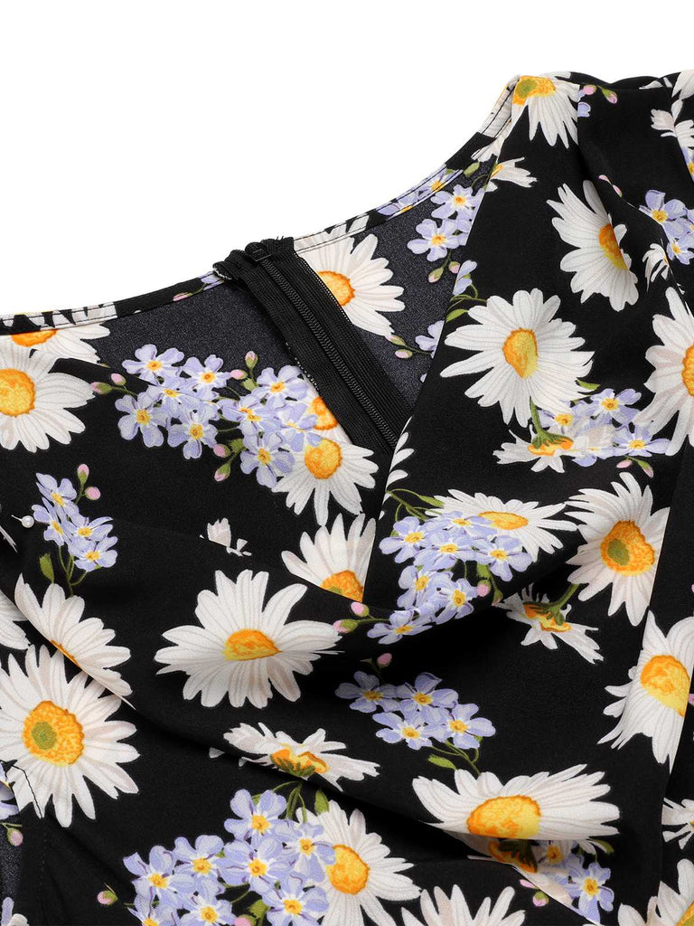 Retro Stage Daisy Cap Sleeve Midi Dress Black Retro Stage Daisy Cap Sleeve Midi Dress Black