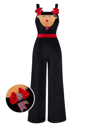 Black 1940s Christmas Elk Plush Velvet Jumpsuit, vintage romper, retro jumpsuit - perfect for women who love vintage and retro fashion