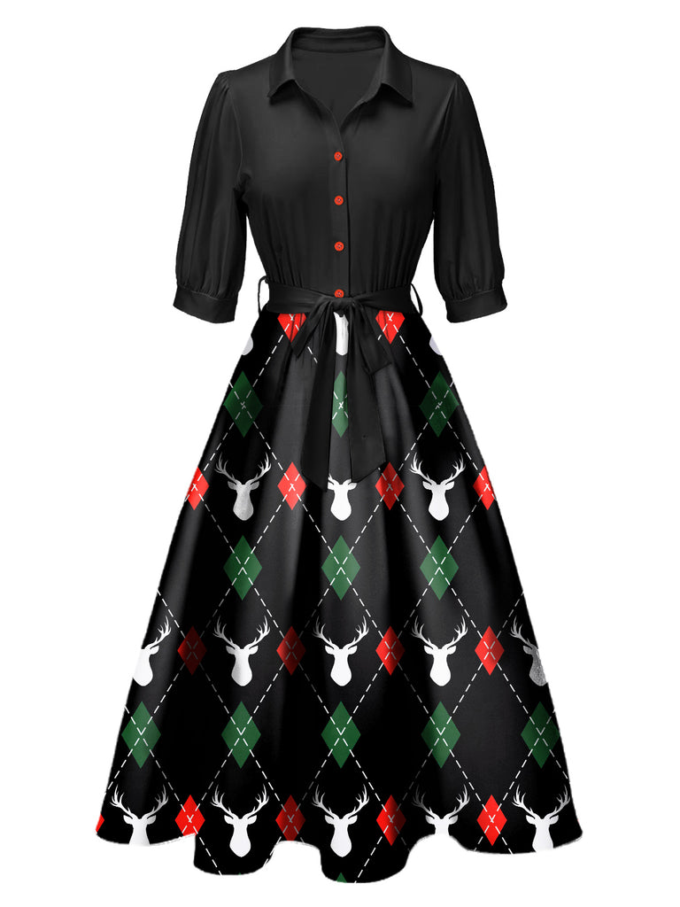 white christmas dresses Black 1940s Christmas Print Lapel Belted Dress