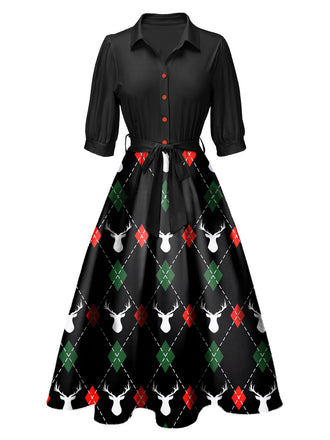 Black 1940s Christmas Print Lapel Belted Dress: timeless style reimagined