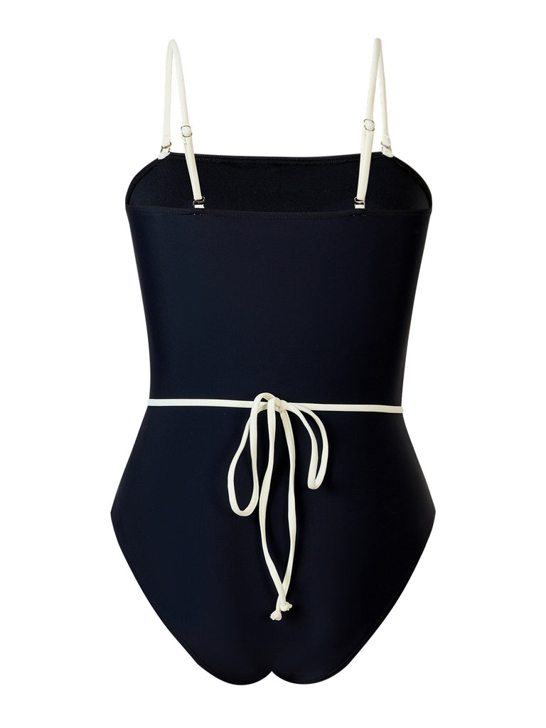 Black 1940s Contrast 3D Rose Belted Swimsuit: 1940s Riviera elegance, reimagined for her