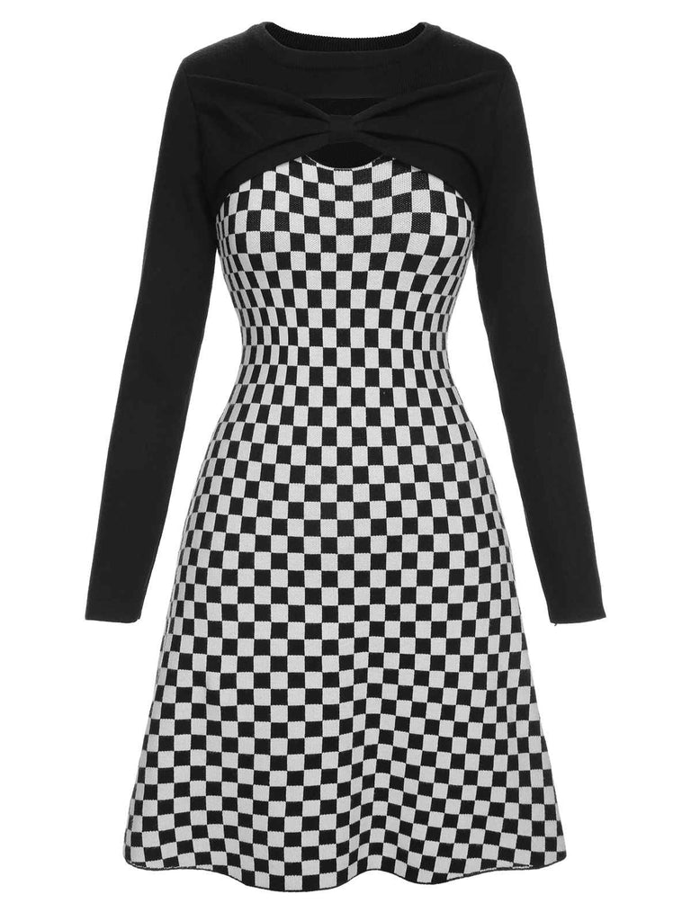 Black 1940s Contrast Plaid Patchwork Dress, vintage dress, retro fashion - perfect for women who love vintage and retro fashion
