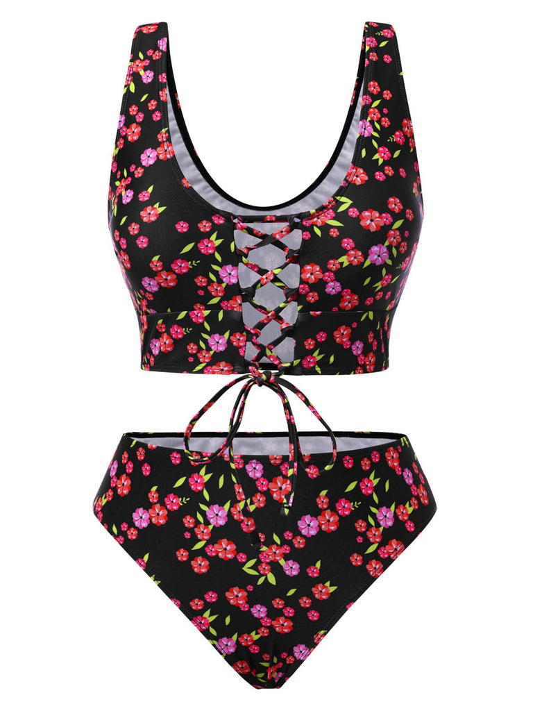 Black 1940s Ditsy Floral Lace-Up Tankini Set - vintage fashion, retro style, classic black
