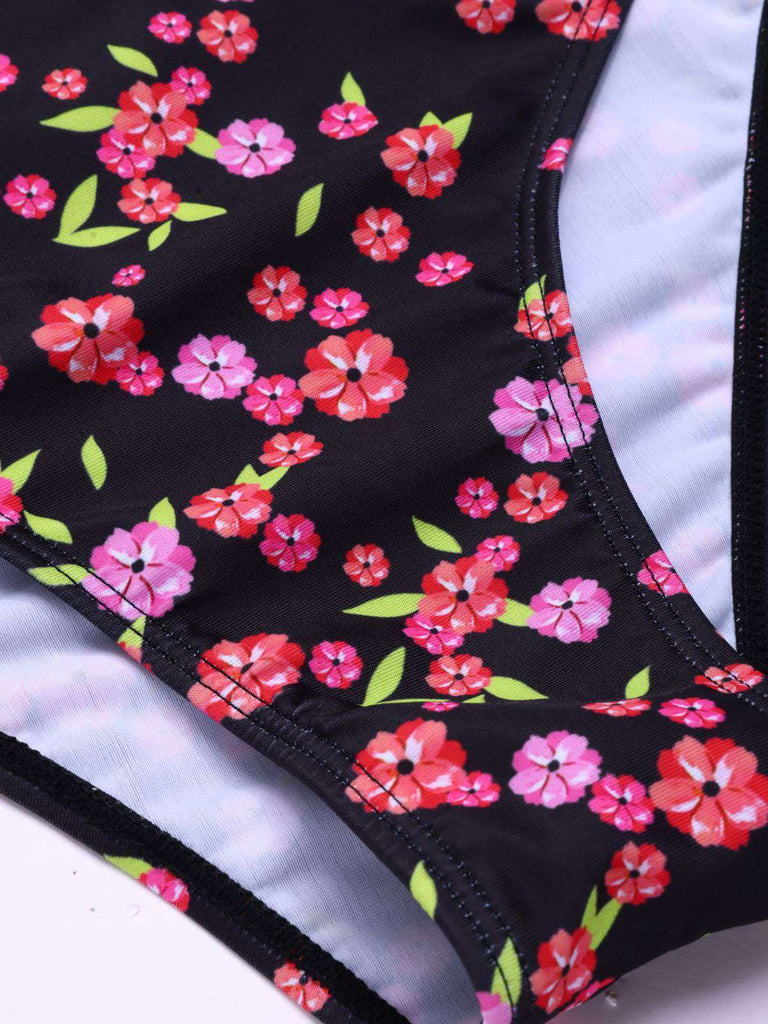 Black 1940s Ditsy Floral Lace-Up Tankini Set - vintage fashion, retro style, classic black