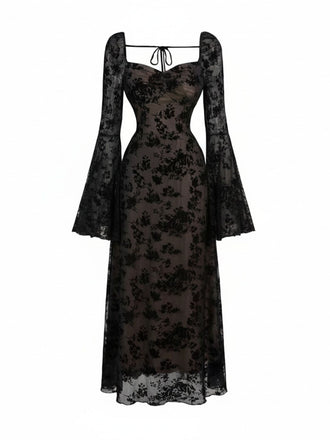 Black floral lace dress with long sleeves on a white background