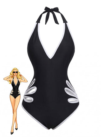 Black 1940s Floral Cut-Out Halter One-Piece Swimsuit - vintage swimsuit, pin-up style, classic black