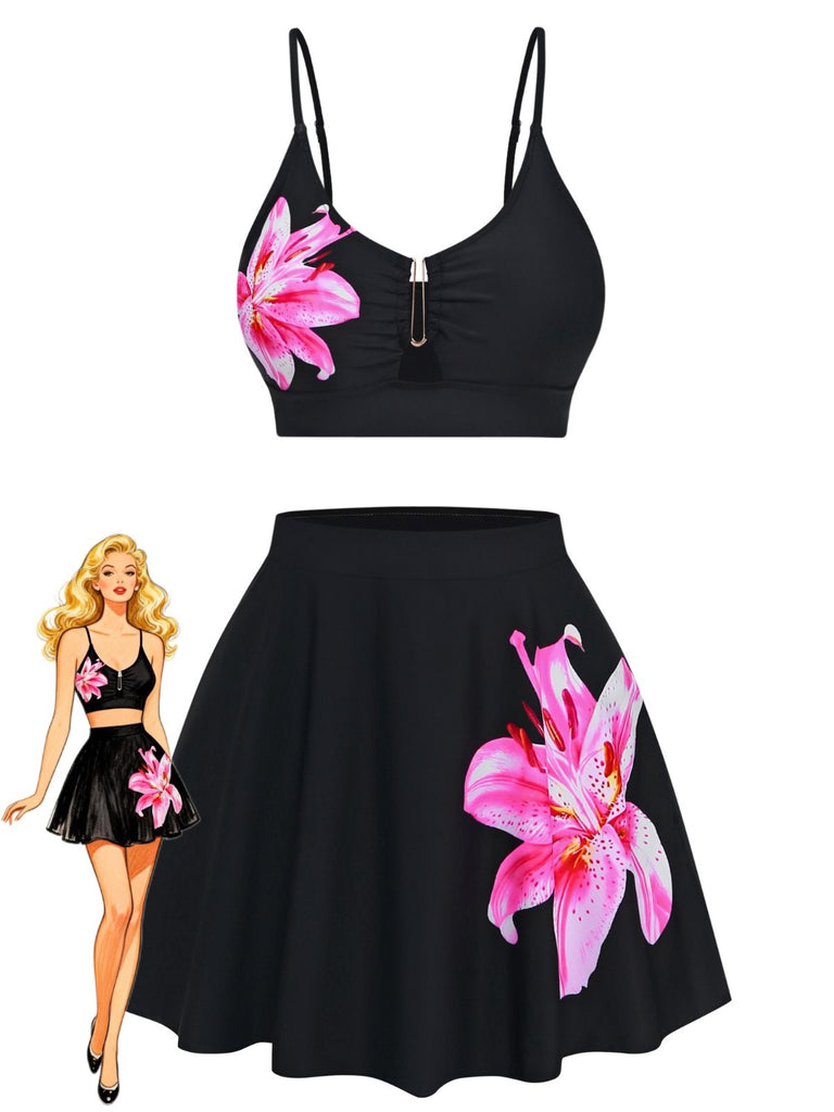 Black 1940s Floral Metal Buckle Tankini Set - vintage fashion, retro style, classic black