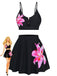 Black 1940s Floral Metal Buckle Tankini Set - vintage fashion, retro style, classic black