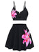 Black 1940s Floral Metal Buckle Tankini Set - vintage fashion, retro style, classic black