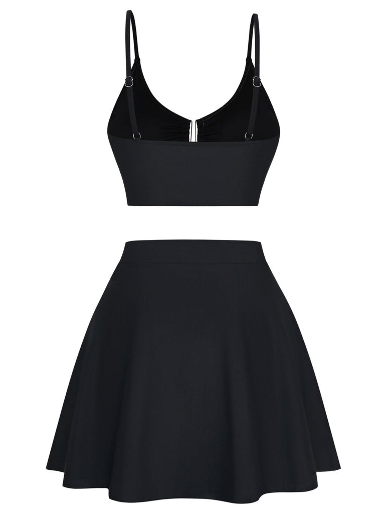 Black 1940s Floral Metal Buckle Tankini Set - vintage fashion, retro style, classic black