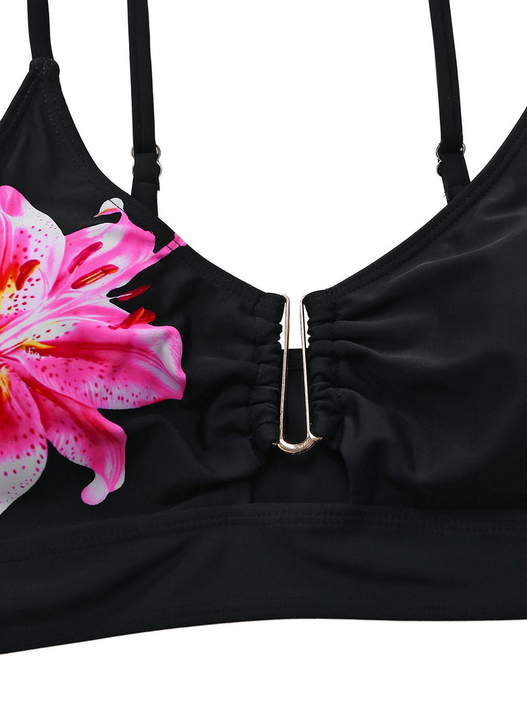 Black 1940s Floral Metal Buckle Tankini Set - vintage fashion, retro style, classic black