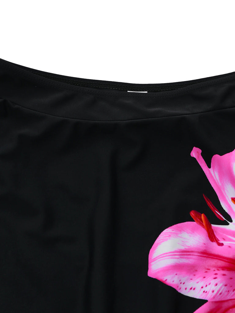 Black 1940s Floral Metal Buckle Tankini Set - vintage fashion, retro style, classic black