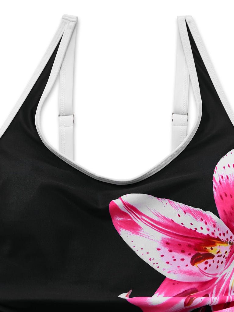 Black 1940s Floral Tankini One-Piece Swimsuit - vintage swimsuit, pin-up style, classic black