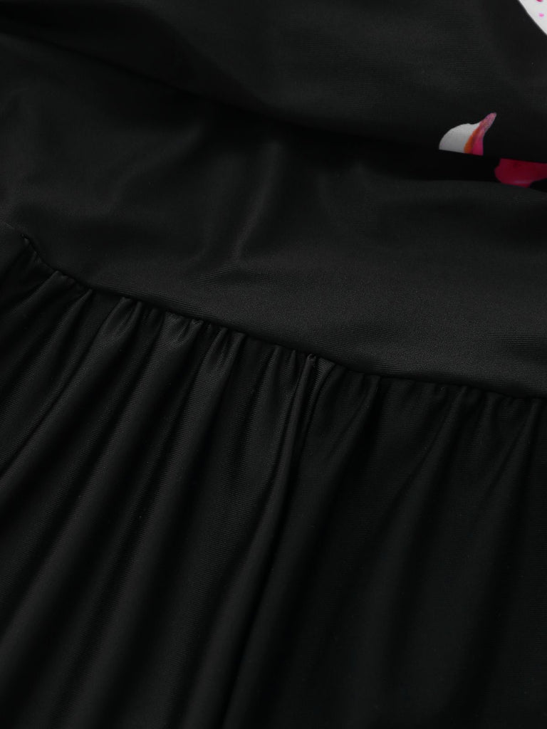 Black 1940s Floral Tankini One-Piece Swimsuit - vintage swimsuit, pin-up style, classic black