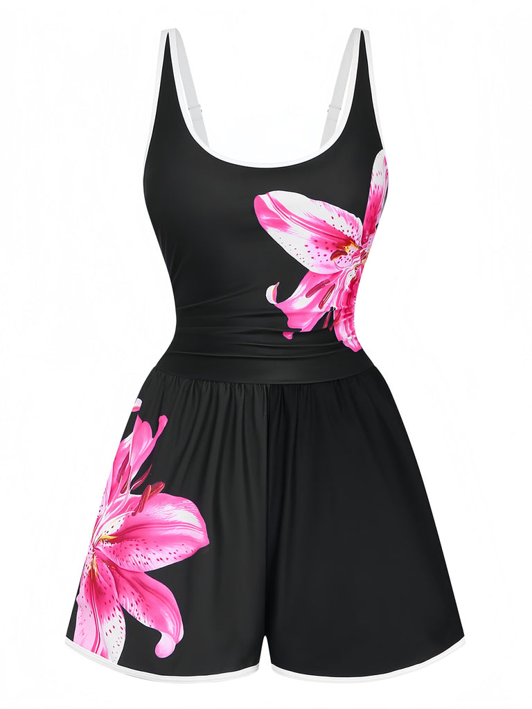 Black 1940s Floral Tankini One-Piece Swimsuit, vintage swimsuit, pin-up swimwear - perfect for women who love vintage and retro fashion