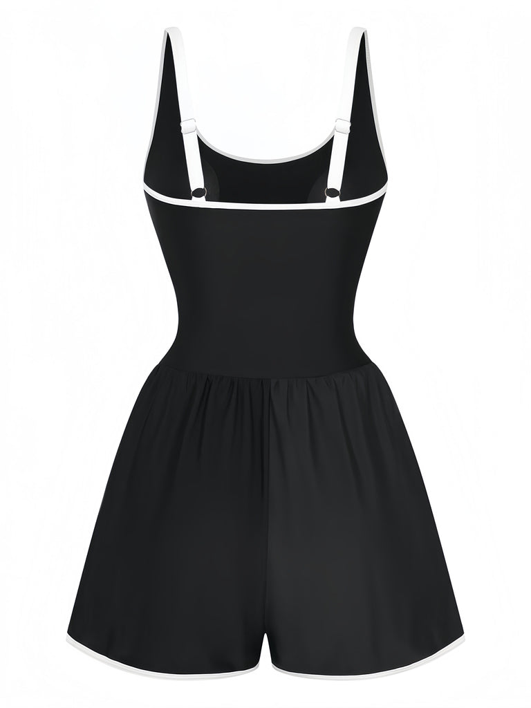 Black 1940s Floral Tankini One-Piece Swimsuit, vintage swimsuit, pin-up swimwear - perfect for women who love vintage and retro fashion