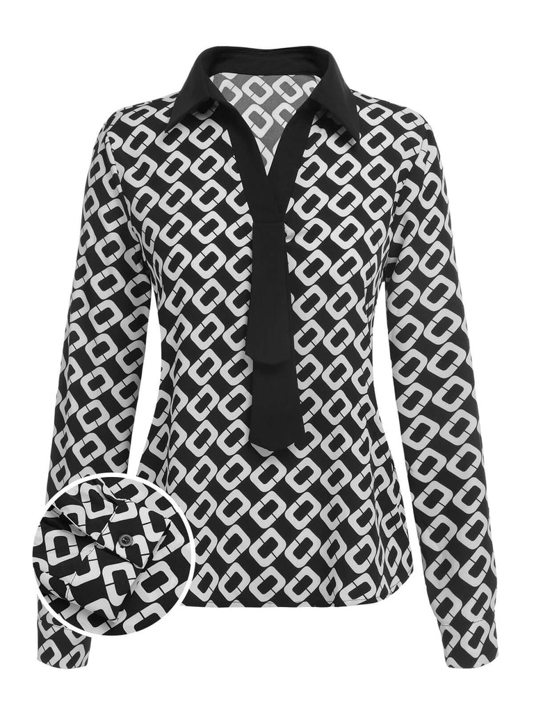 She pairs this Black 1940s Geometric Patchwork Ribbon Blouse with confidence and 1940s charm