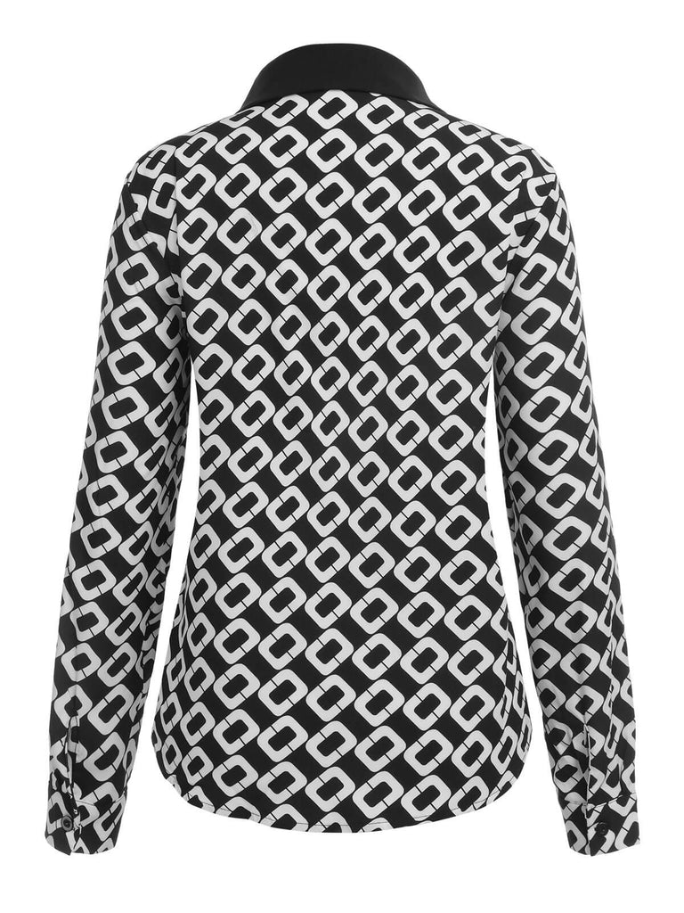 Black 1940s Geometric Patchwork Ribbon Blouse — 1940s elegance she can wear anywhere