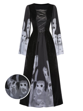 Black 1940s Halloween Ghost Lace-Up Dress with Shawl, vintage dress, retro fashion, lace detail - perfect for women who love vintage and retro fashion