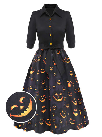 Black 1940s Halloween Lapel Pumpkin Belted Dress: timeless style reimagined