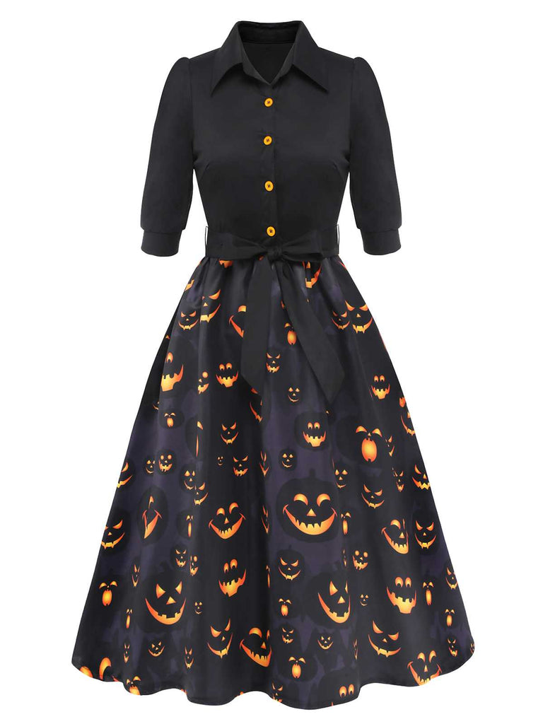 Halloween Lapel Pumpkin Belted Dress Black & Pumpkin,M Halloween Lapel Pumpkin Belted Dress Black & Pumpkin,M