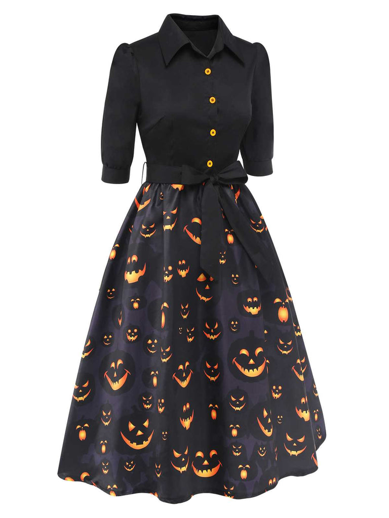 Black 1940s Halloween Lapel Pumpkin Belted Dress: timeless style reimagined