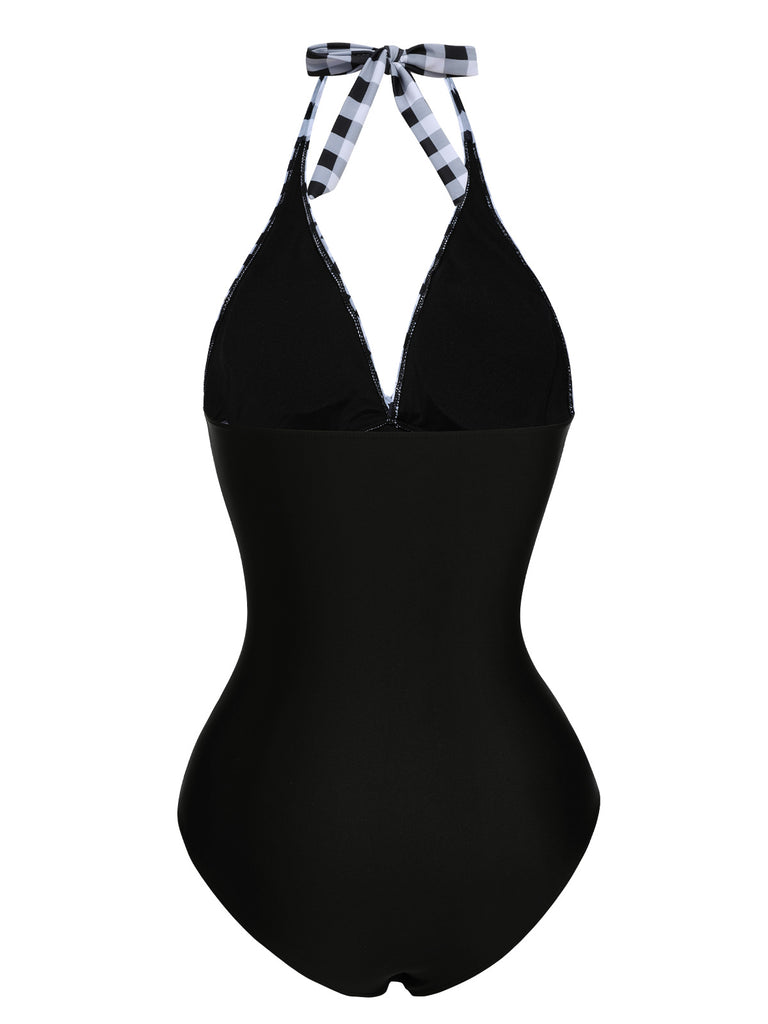 Black 1940s Halter Backless Plaids One-Piece Swimsuit, vintage swimsuit, pin-up swimwear - perfect for women who love vintage and retro fashion