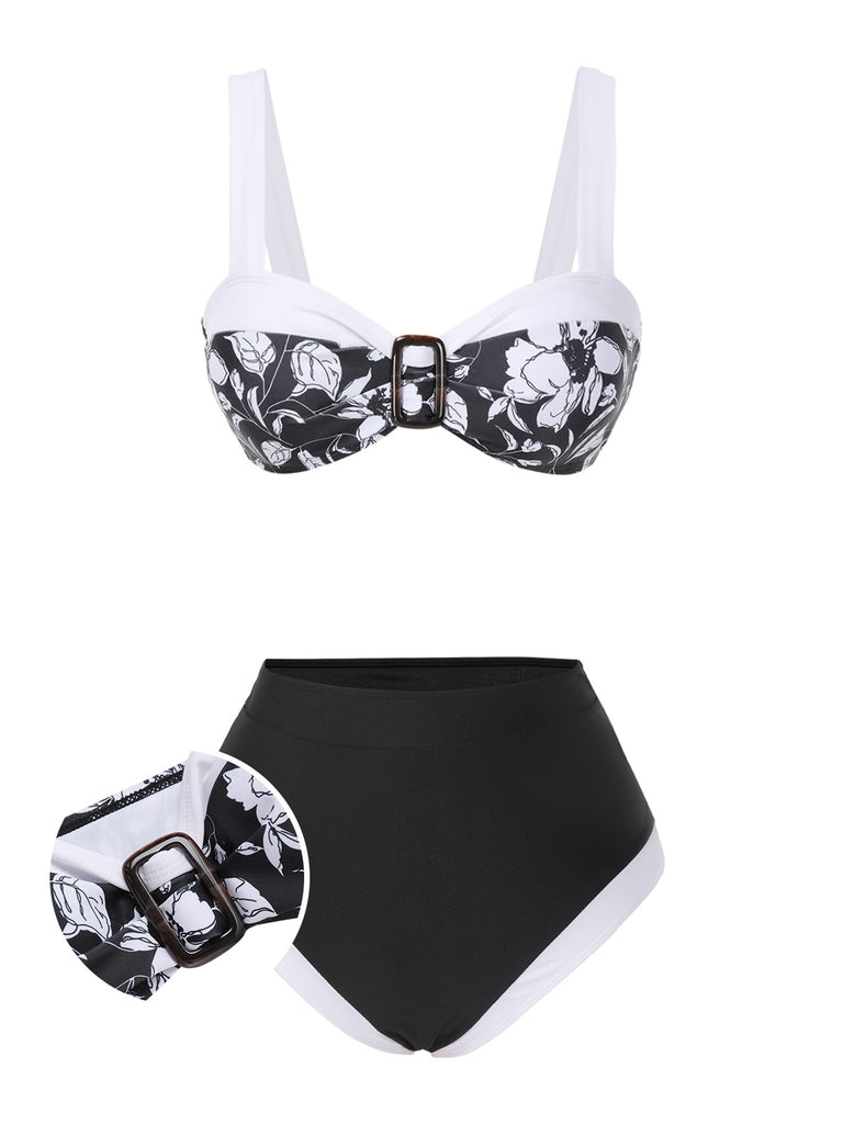 Black 1940s Hepburn Silhouette Floral Bikini Set - vintage fashion, retro style, classic black