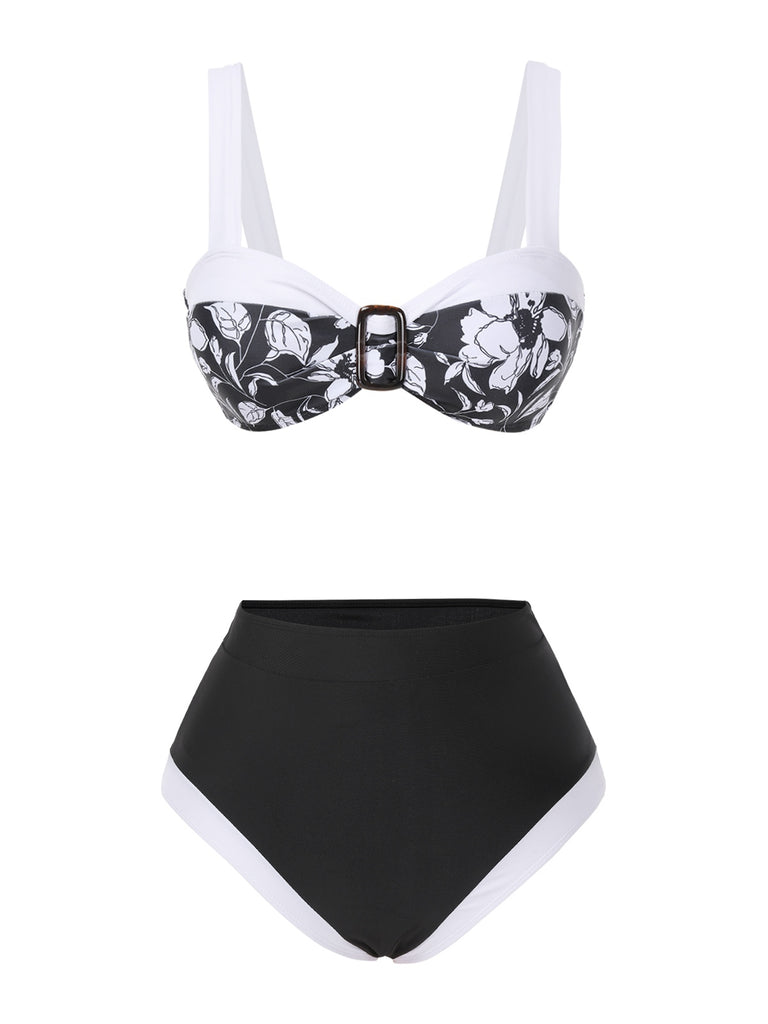 Black 1940s Hepburn Silhouette Floral Bikini Set - vintage fashion, retro style, classic black