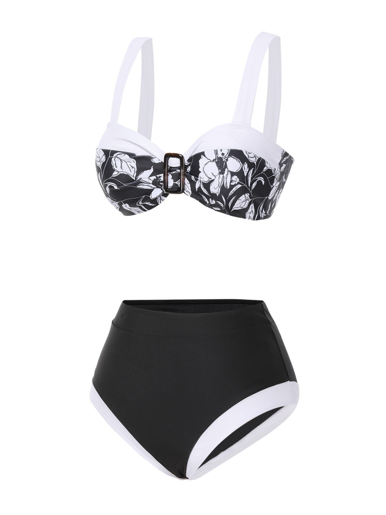 Black 1940s Hepburn Silhouette Floral Bikini Set - vintage fashion, retro style, classic black