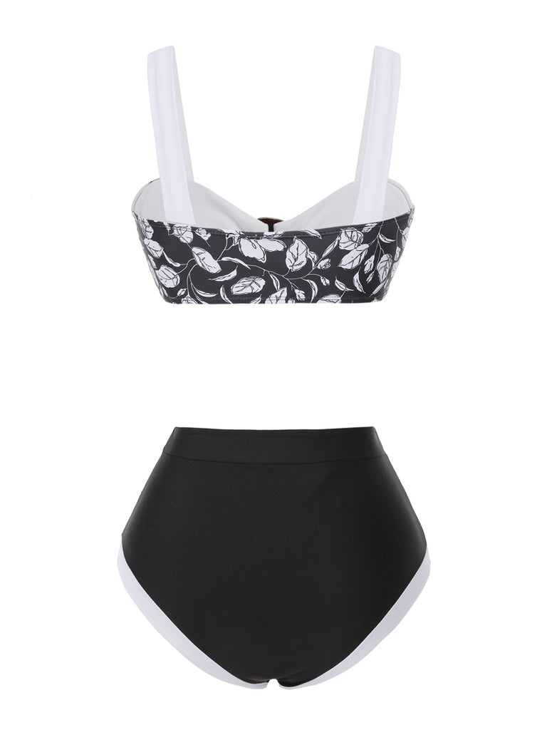 Black 1940s Hepburn Silhouette Floral Bikini Set - vintage fashion, retro style, classic black