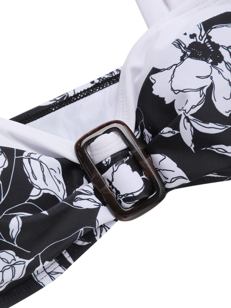 Black 1940s Hepburn Silhouette Floral Bikini Set - vintage fashion, retro style, classic black