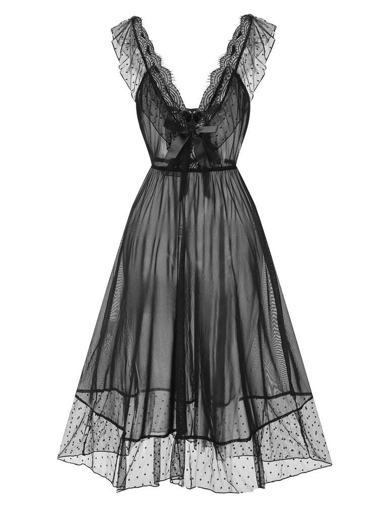 Black Lace Trim Dots Sheer Nightgown Black Lace Trim Dots Sheer Nightgown