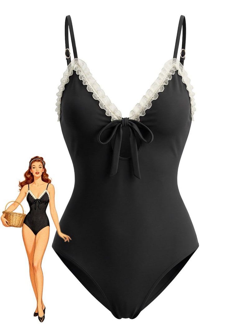 Black 1940s Lace Trim Tie Front One-Piece Swimsuit | Retro Stage