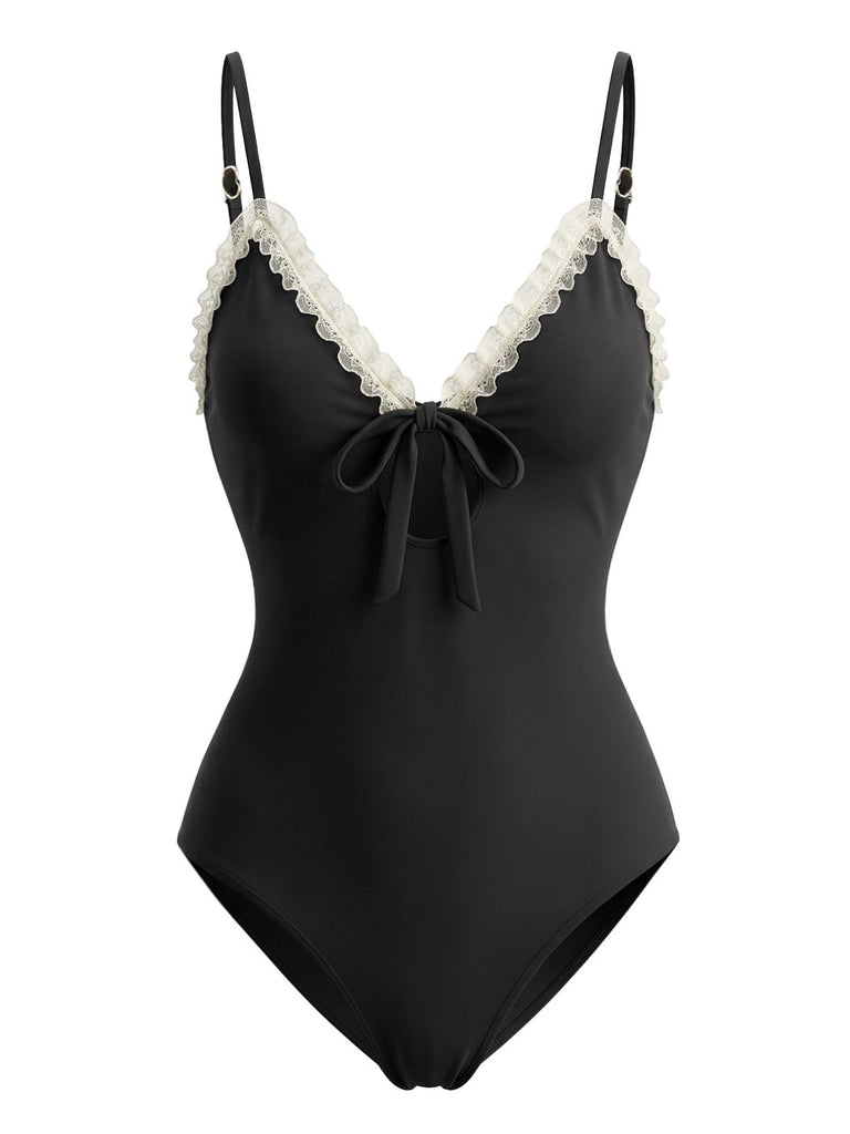 Black 1940s Lace Trim Tie Front One-Piece Swimsuit