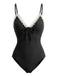Black 1940s Lace Trim Tie Front One-Piece Swimsuit