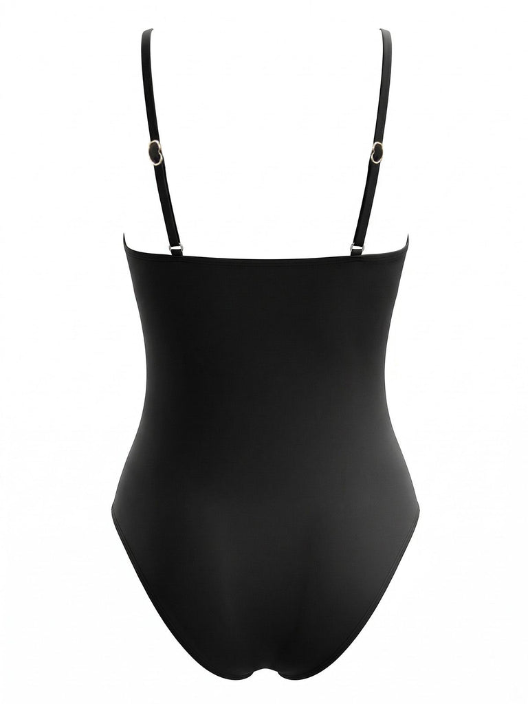 Black 1940s Lace Trim Tie Front One-Piece Swimsuit